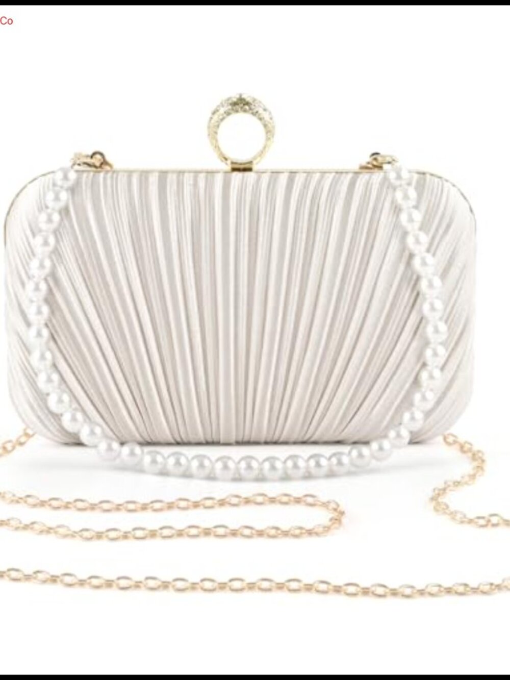 Pleated Satin Evening Clutch Purse with Pearl Chain Strap for Wedding Party Prom